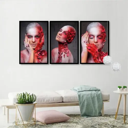 Kit 3 Quadros Mulheres Maquiagem Vermelha Decoração Molduras