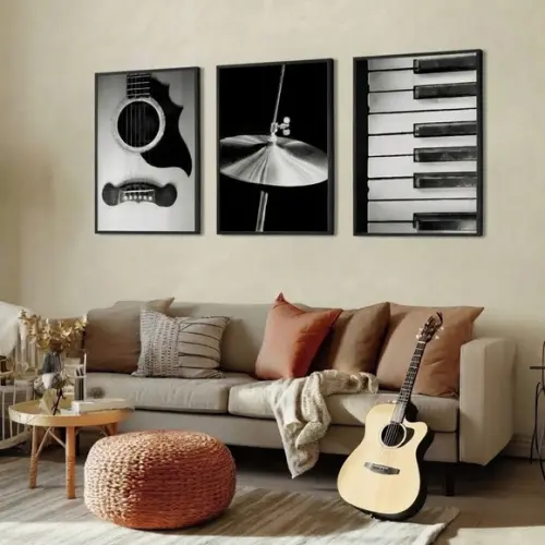 Kit 3 Quadros Música Instrumentos Decoração Moldura Vidro
