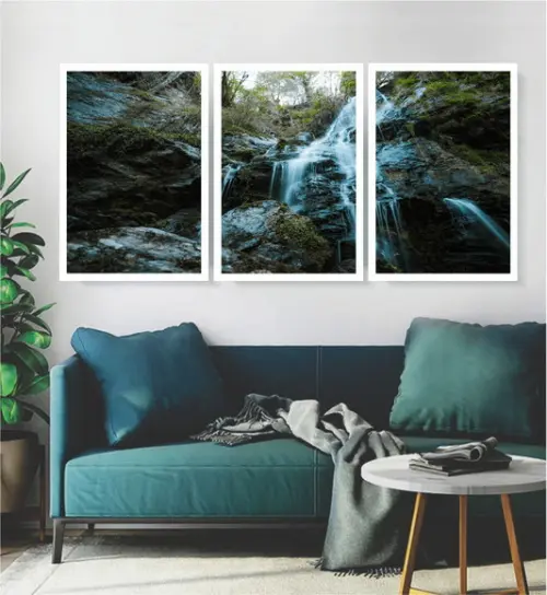 Kit 3 Quadros Natureza Cachoeira Decoração Conjunto Moldura