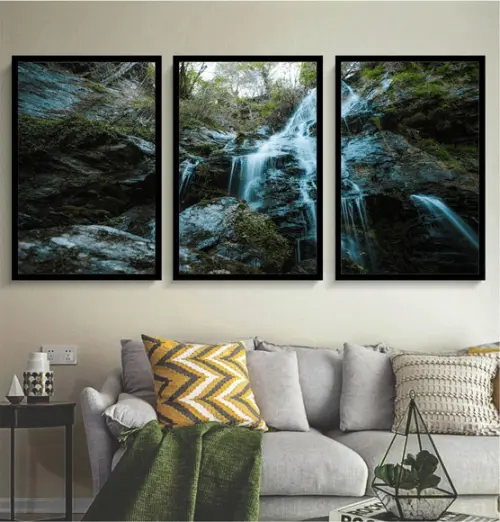 Kit 3 Quadros Natureza Cachoeira Decoração Conjunto Moldura