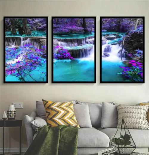 Kit 3 Quadros Natureza Cachoeira Decoração Conjunto Molduras