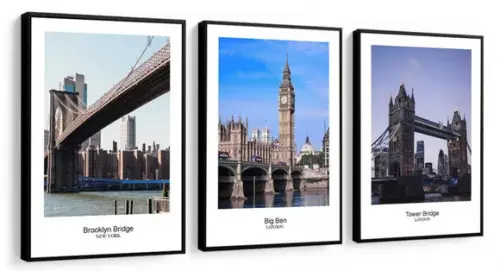 Kit 3 Quadros Nova York e Londres Cidades Decoração Moldura