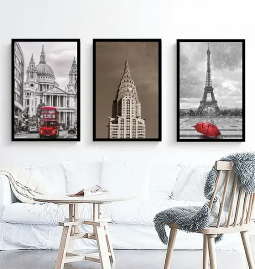 Kit 3 Quadros Nova York Londres e Paris Decoração Molduras