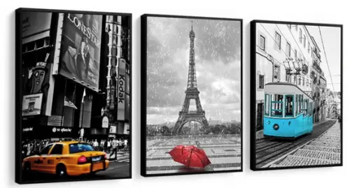 Kit 3 Quadros Nova York Londres Paris Decoração Com Moldura
