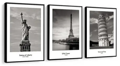 Kit 3 Quadros Nova York Paris Roma Cidades Decoração Moldura