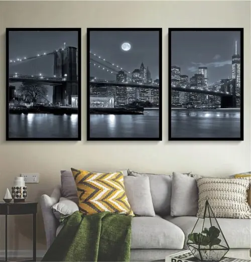 Kit 3 Quadros Nova York Ponte Brooklyn Decoração Com Moldura