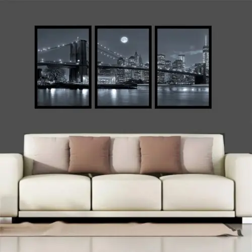 Kit 3 Quadros Nova York Ponte Brooklyn Decoração Com Moldura