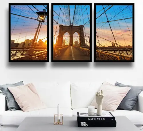 Kit 3 Quadros Nova York Ponte Brooklyn Decoração Com Moldura