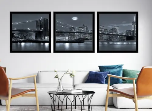 Kit 3 Quadros Nova York Ponte Brooklyn Decoração Lua Moldura