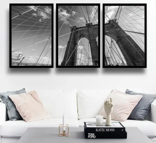 Kit 3 Quadros Nova York Ponte Do Brooklyn Decoração Molduras