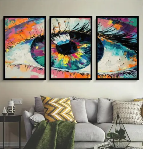 Kit 3 Quadros Olhos Coloridos Art Decoração Conjunto Moldura