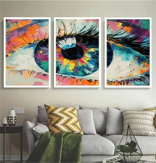 Kit 3 Quadros Olhos Coloridos Decoração Conjunto Com Moldura