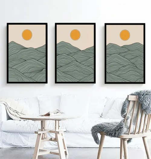 Kit 3 Quadros Paisagem Abstrato Sol Decoração Com Moldura