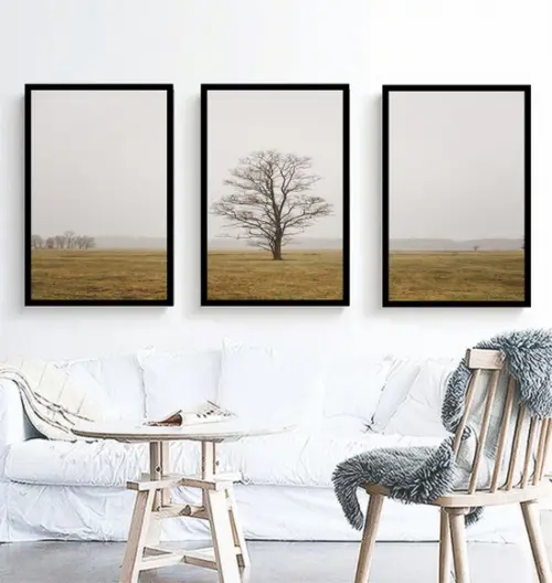 Kit 3 Quadros Paisagem Arvore Decoração Conjunto Com Moldura