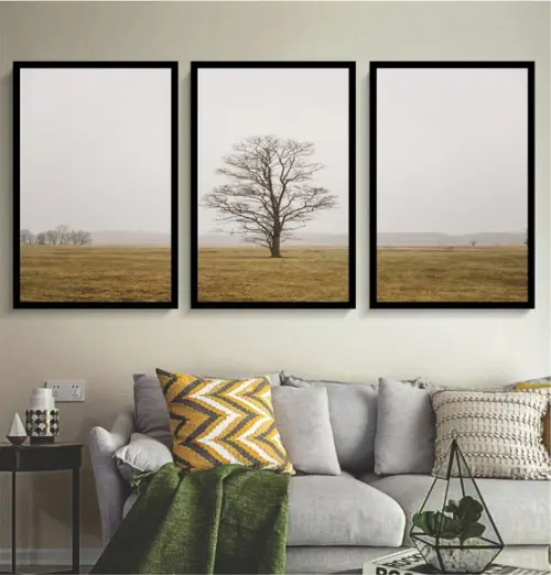 Kit 3 Quadros Paisagem Arvore Decoração Conjunto Com Moldura