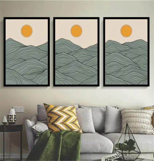 Kit 3 Quadros Paisagem Abstrato Sol Decoração Com Moldura