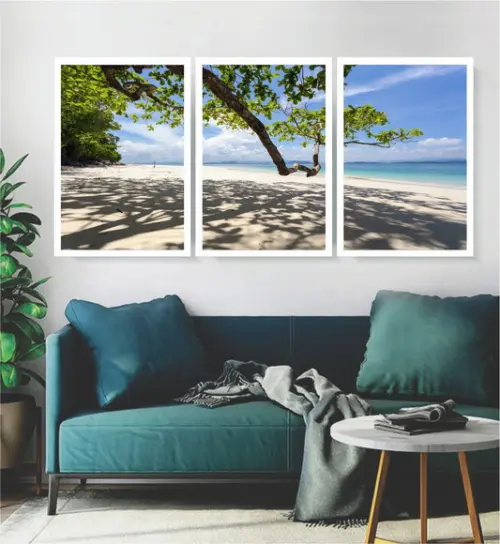 Kit 3 Quadros Paisagem Arvore Praia Mar Decoração Moldura