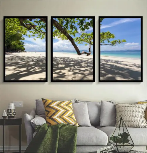 Kit 3 Quadros Paisagem Arvore Praia Mar Decoração Moldura
