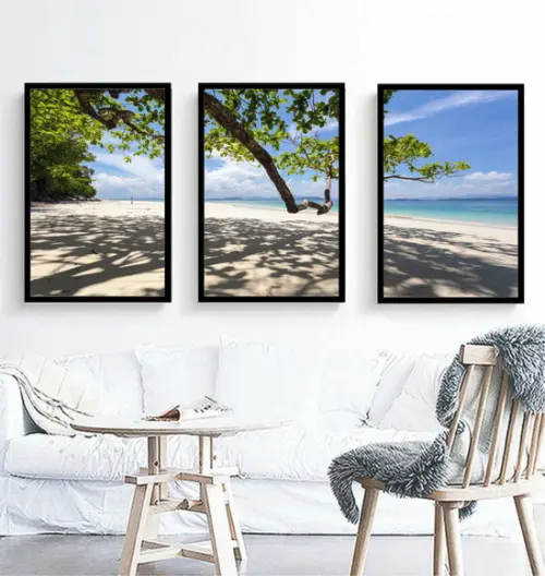 Kit 3 Quadros Paisagem Arvore Praia Mar Decoração Moldura