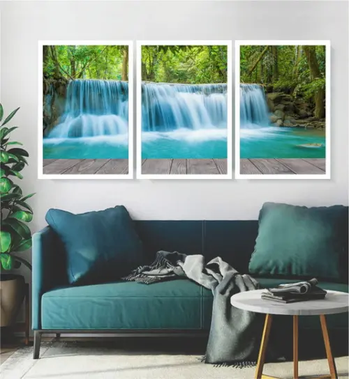 Kit 3 Quadros Paisagem Cachoeira Decoração Conjunto Moldura