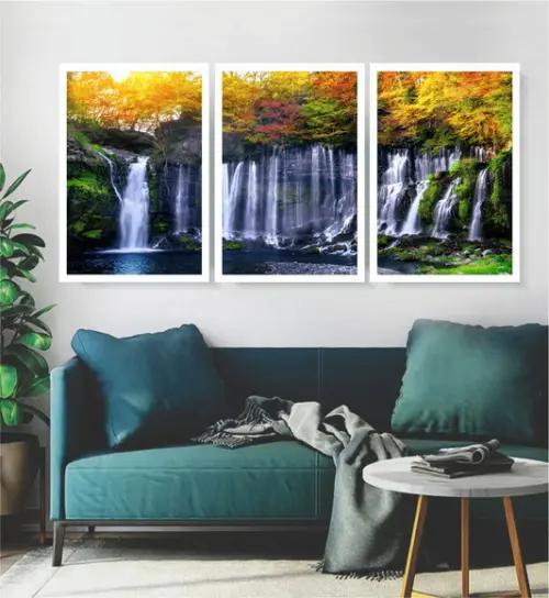 Kit 3 Quadros Paisagem Cachoeira Natureza Decoração Moldura