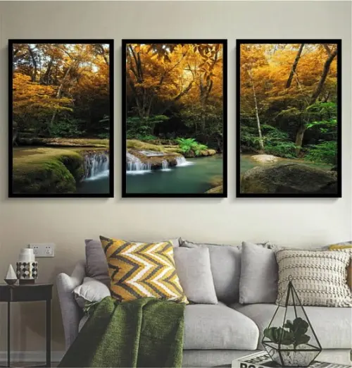 Kit 3 Quadros Paisagem Cachoeira Natureza Decoração Molduras