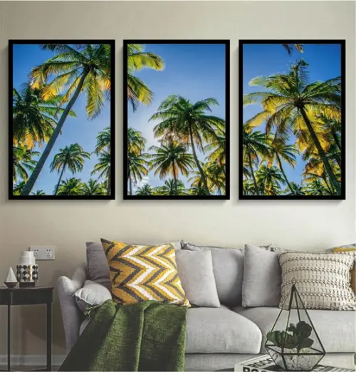 Kit 3 Quadros Paisagem Coqueiro Praia Sol Decoração Moldura