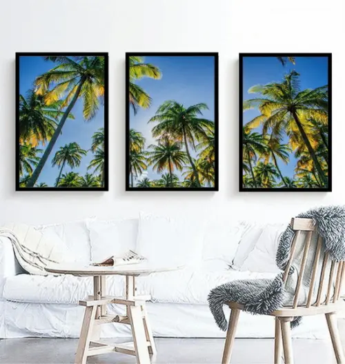 Kit 3 Quadros Paisagem Coqueiro Praia Sol Decoração Moldura