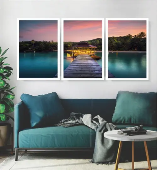 Kit 3 Quadros Paisagem Deck Decoração Conjunto Com Moldura