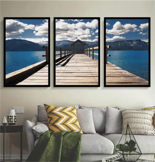 Kit 3 Quadros Paisagem Deck Decoração Lago Paisagem Moldura