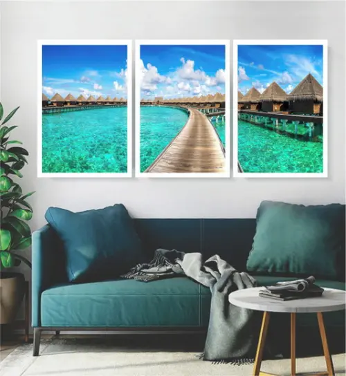 Kit 3 Quadros Paisagem Deck Praia Resort Decoração Moldura