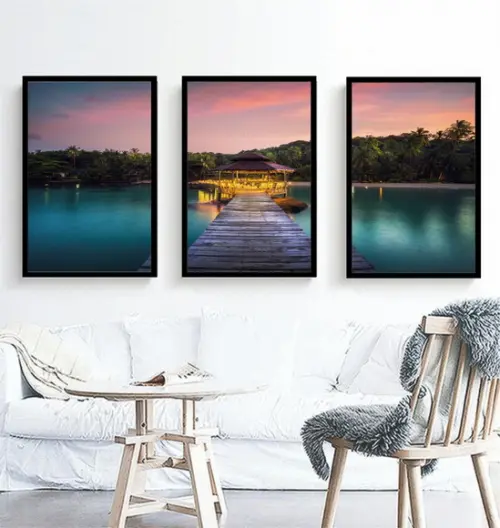 Kit 3 Quadros Paisagem Deck Decoração Mosaico Com Moldura