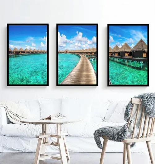 Kit 3 Quadros Paisagem Deck Praia Resort Decoração Molduras