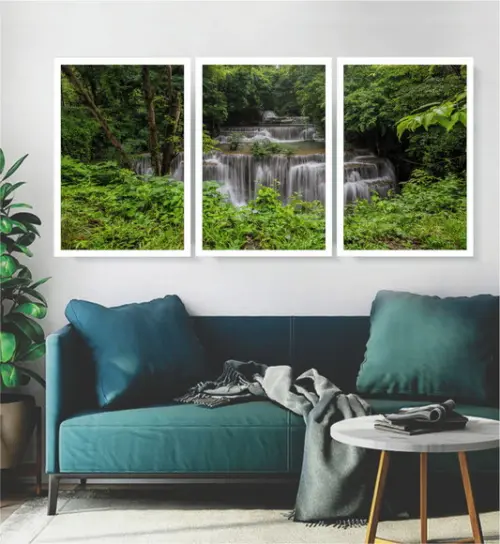 Kit 3 Quadros Paisagem Decoração Natureza Cachoeira Moldura