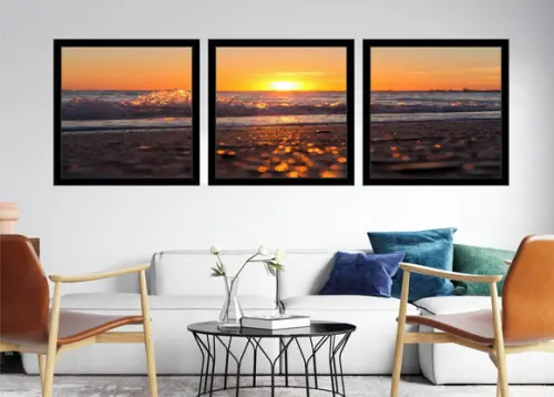 Kit 3 Quadros Paisagem Decoração Pôr Do Sol Conjunto Moldura