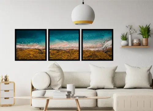 Kit 3 Quadros Paisagem Decoração Praia e Mar Grande Molduras
