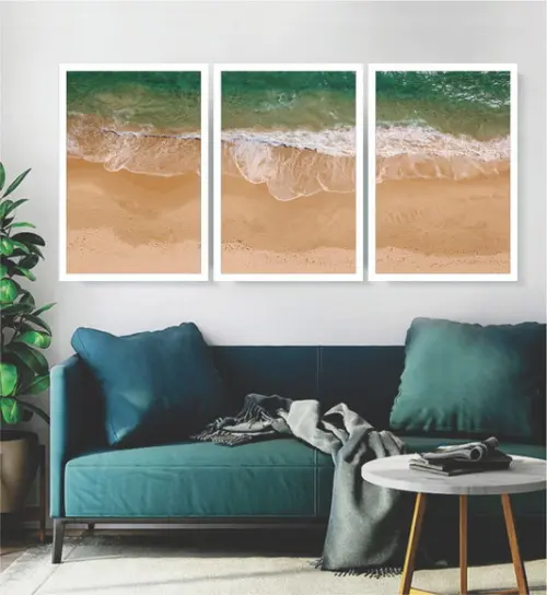 Kit 3 Quadros Paisagem Decoração Praia Mar Conjunto Moldura