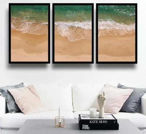 Kit 3 Quadros Paisagem Decoração Praia Mar Conjunto Moldura