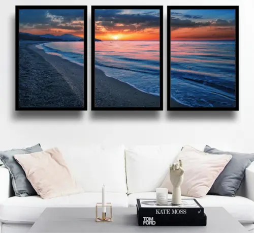 Kit 3 Quadros Paisagem Decoração Praia Pôr Do Sol Moldura
