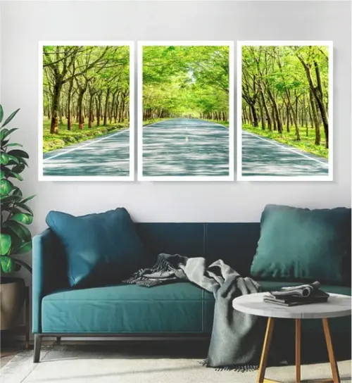 Kit 3 Quadros Paisagem Floresta Verde Decoração Com Moldura