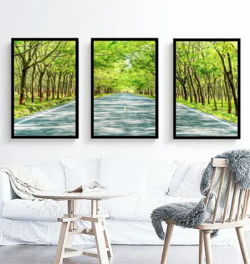 Kit 3 Quadros Paisagem Floresta Verde Decoração Com Moldura