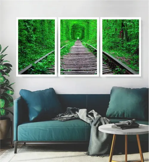 Kit 3 Quadros Paisagem Folhagem Verde Decoração Com Molduras