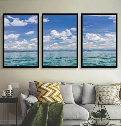 Kit 3 Quadros Paisagem Mar Azul Decoração Conjunto Moldura