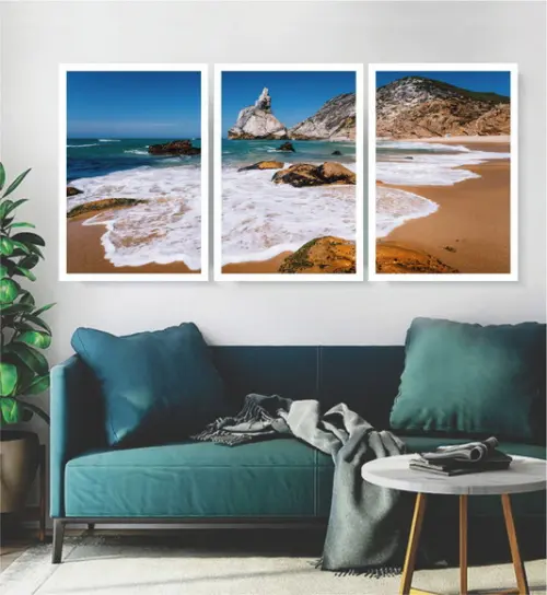 Kit 3 Quadros Paisagem Ilha Praia Decoração Conjunto Moldura