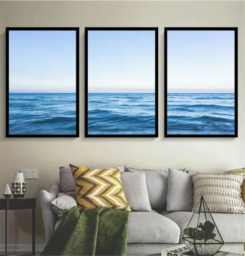 Kit 3 Quadros Paisagem Mar Azul Decoração Oceano Com Moldura