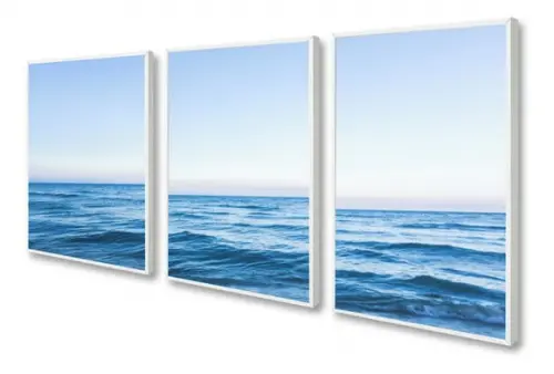 Kit 3 Quadros Paisagem Mar Azul Oceano Decoração Com Moldura