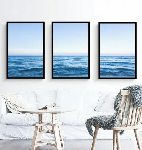 Kit 3 Quadros Paisagem Mar Azul Decoração Oceano Com Moldura