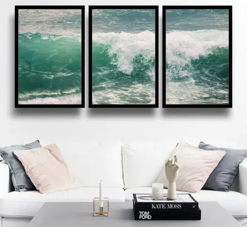 Kit 3 Quadros Paisagem Mar Decoração Onda Conjunto Molduras