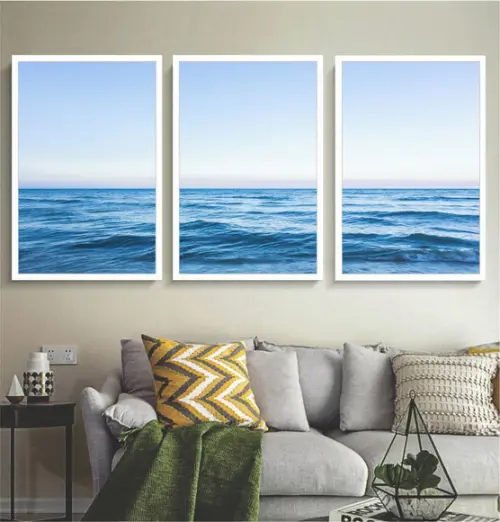 Kit 3 Quadros Paisagem Mar Azul Oceano Decoração Com Moldura