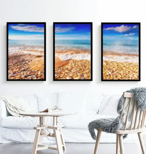 Kit 3 Quadros Paisagem Mar Decoração Praia Conjunto Molduras